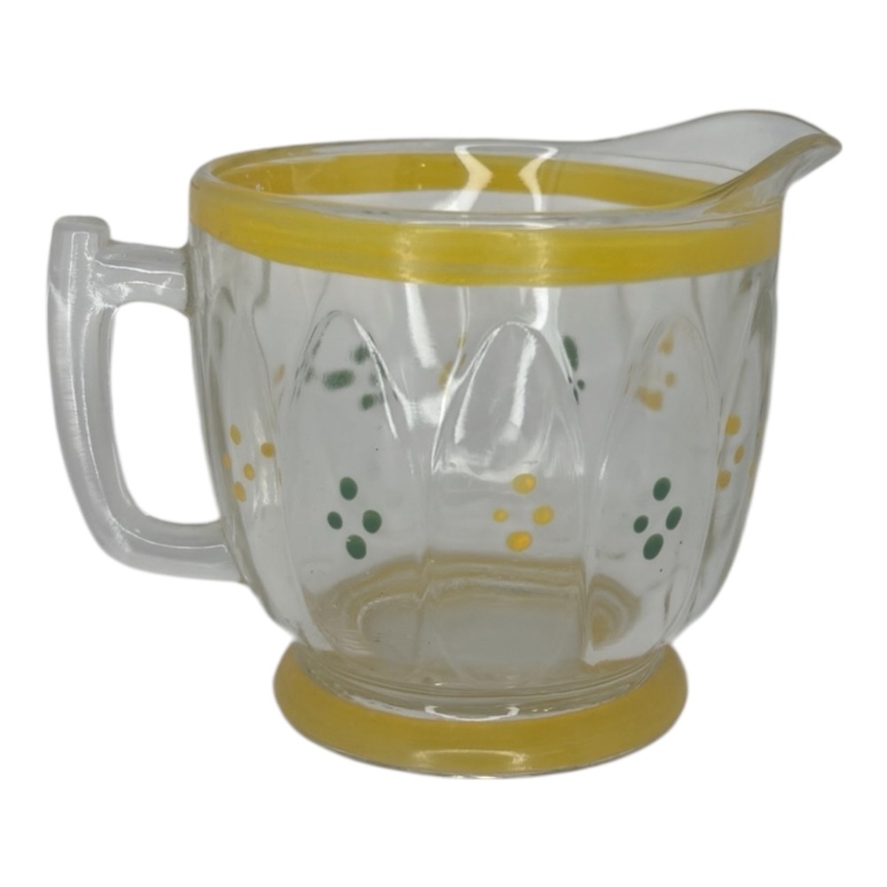Vintage Hand Painted Glass Creamer Pitcher Yellow Green Dots Paneled Clear Glass - Picture 1 of 6